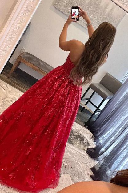 Sequined Lace with Pockets Long A Line Prom Dress