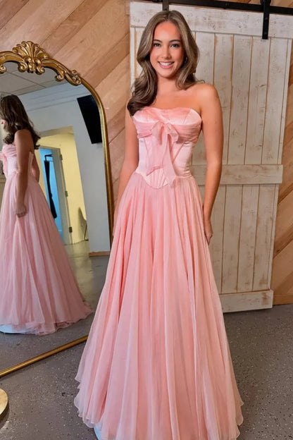 Pink Strapless Bow Pleated Chiffon Long A Line Prom Dress