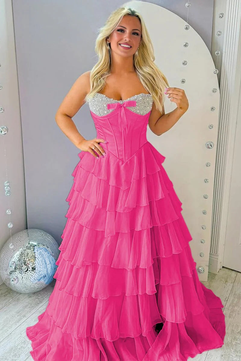 Pink Sweetheart Chiffon Ruffled Beading Long Formal A Line Prom Dress
