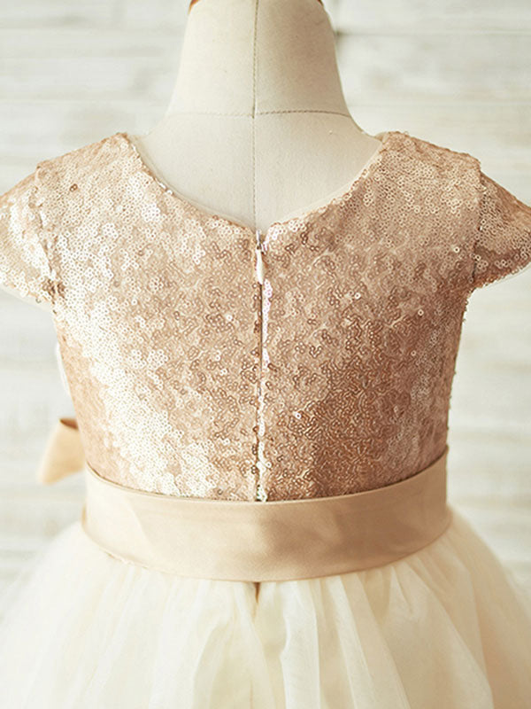 Champagne Jewel Neck Short Sleeves Sash Kids Party Dresses-showprettydress