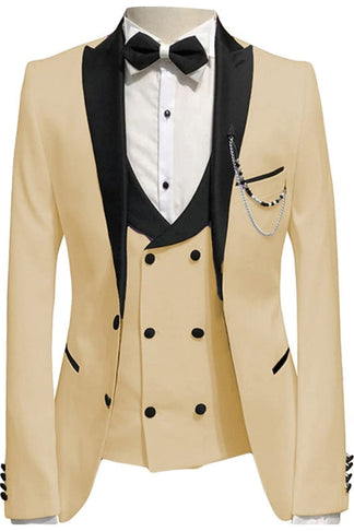Champagne Three Pieces Slim Fit Prom Suits with Black Peaked Lapel Cus ...