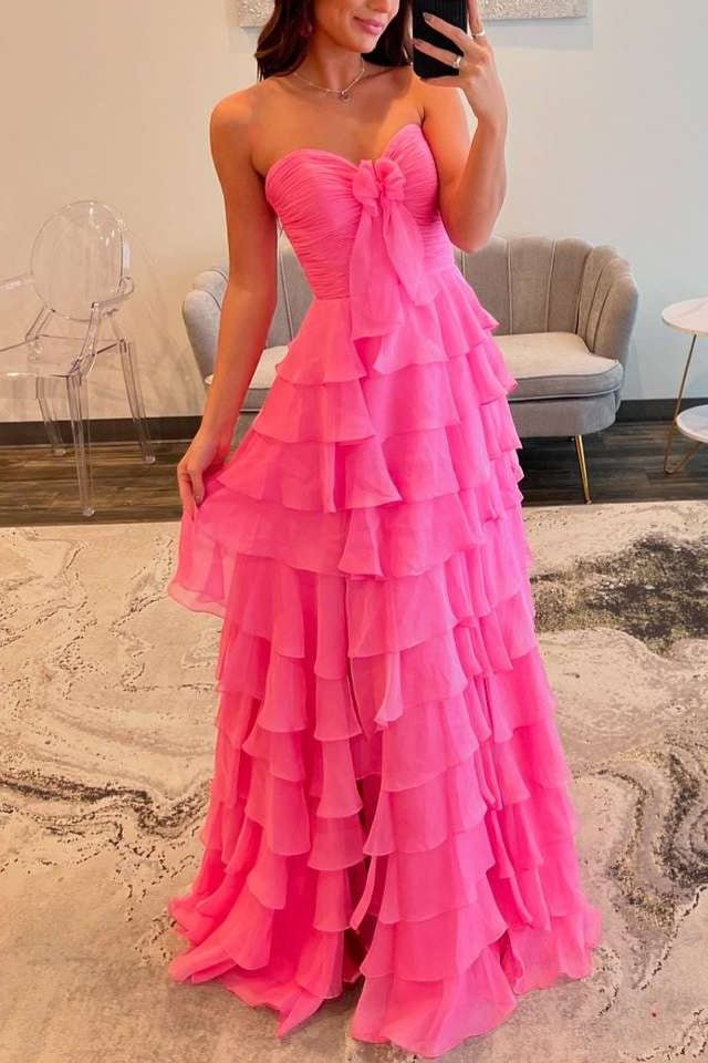 Slit Fuchsia Sweetheart Tiered Ruffles Chiffon A Line Prom Dress