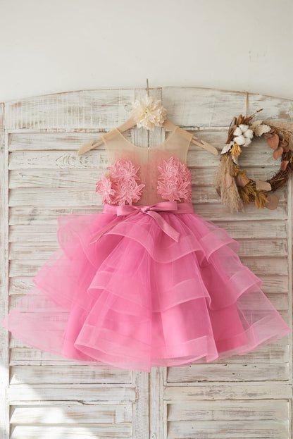 Cupcake Fuchsia Lace Tulle Wedding Flower Girl Dress with 