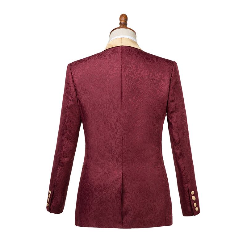 Custom design Burgundy Slim Fit Jacquard Wedding Suit for Men-showprettydress