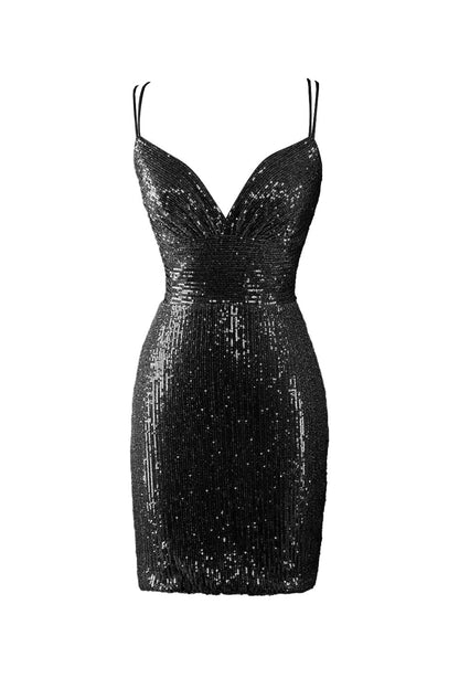 Nigella | Figurbetontes Homecoming-Kleid mit V-Ausschnitt und blauen Pailletten
