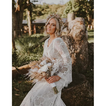 Sexy V Neck Long Flare Sleeve Open Back Full Lace Mermaid Gothic Black Wedding Dress