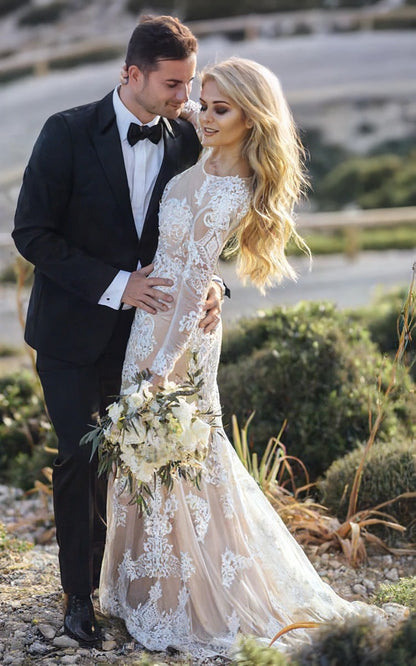 Country Lace O Neck Long Sleeve Mermaid Wedding Dress Custom Made Customized