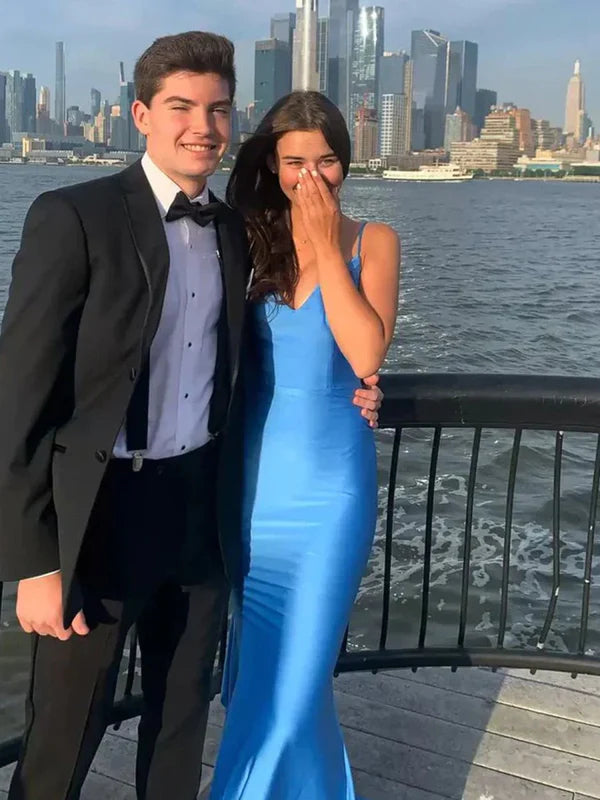 Blue Spaghetti Straps Satin Backless Long Prom Mermaid Dress