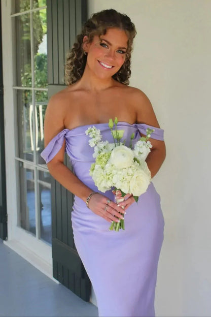 Lilac Off The Shoulder Sheath Satin Long Mermaid Prom Dress