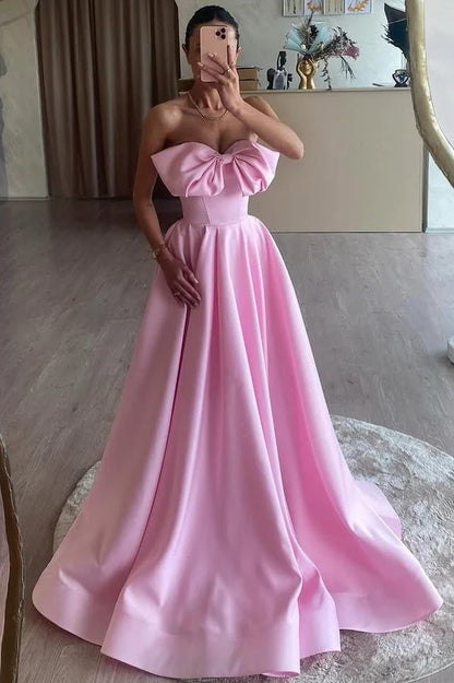 Pink Strapless Bow Satin Pleated Long Formal A Line Prom Dress