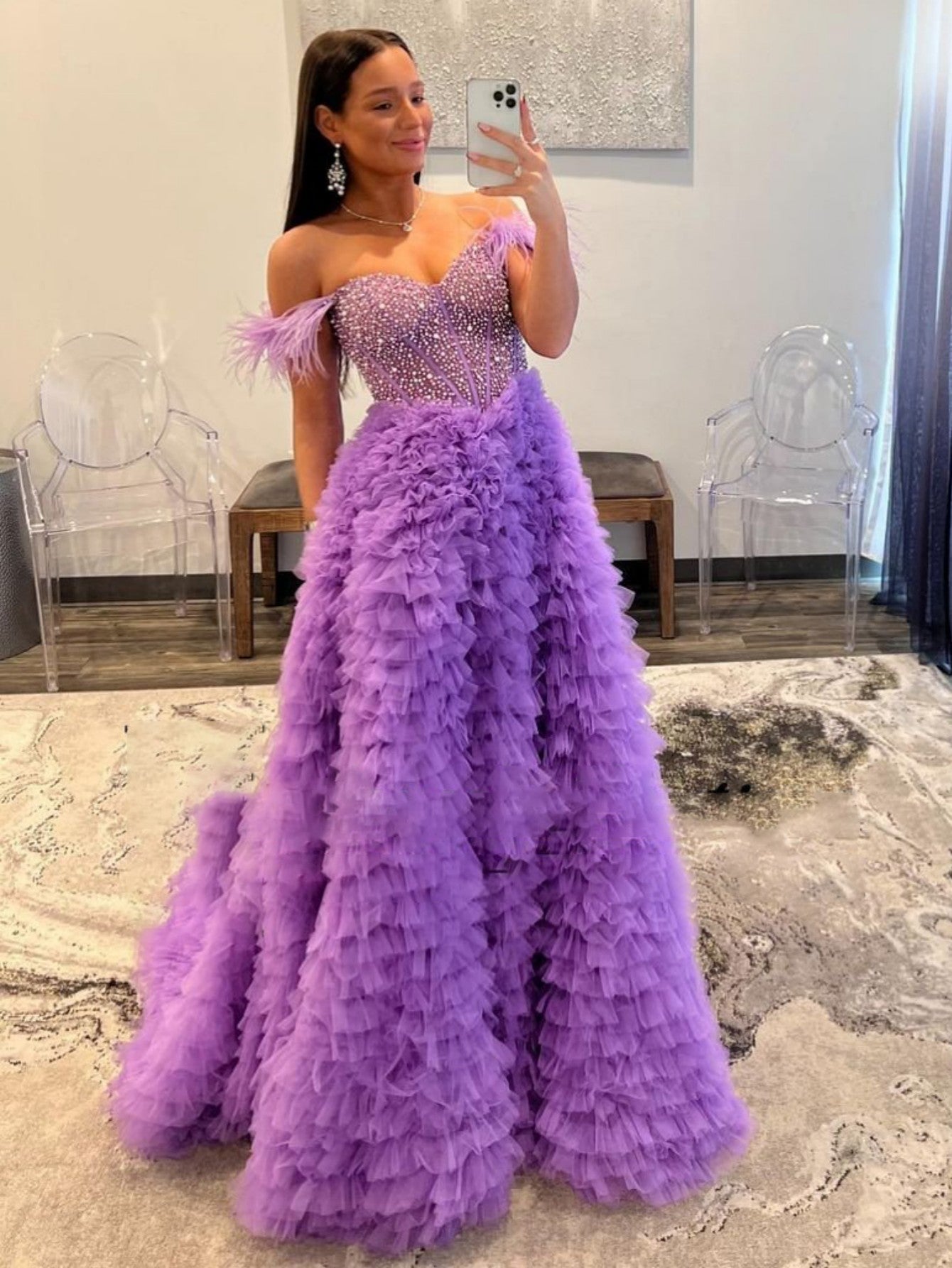Roycebridal Astrid |A Line Off the Shoulder Tiered Tulle Prom Dress With Slit
