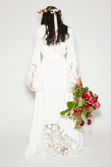 Ivory Hippie Long Sleeve V Neck Lace A-Line Wedding Dress Custom Made
