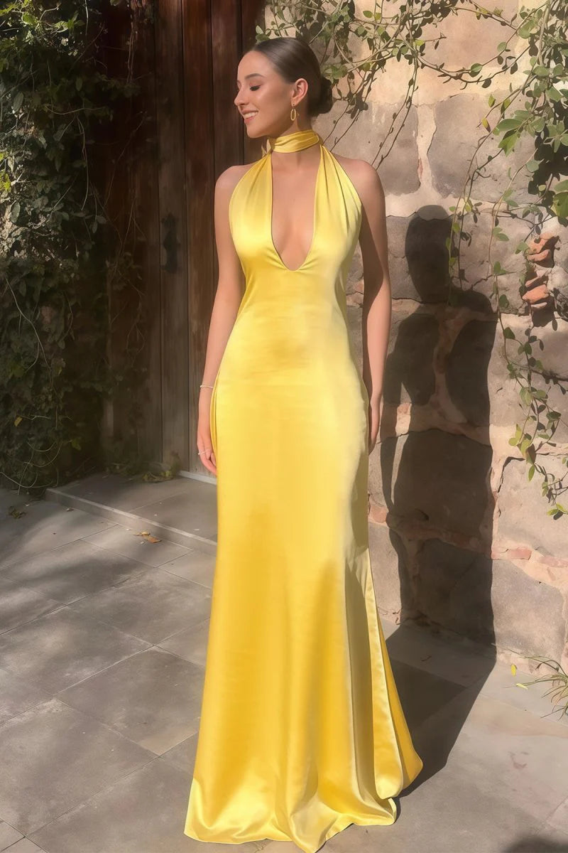Yellow Halter Deep V Neck Satin Sheath Backless Long Mermaid Prom Dress