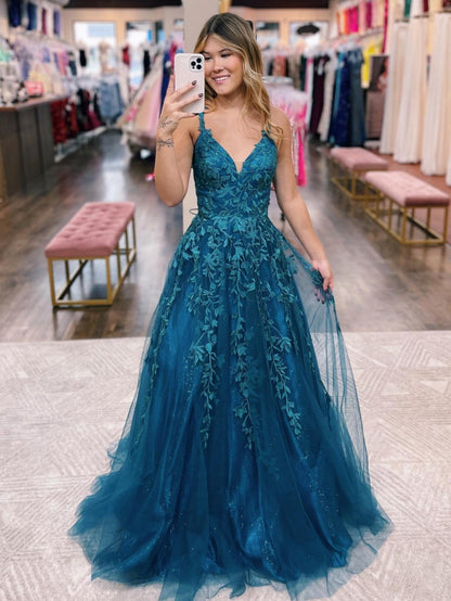 Roycebridal Veronica |A Line Ink Blue Glitter Tulle Lace Prom Dress