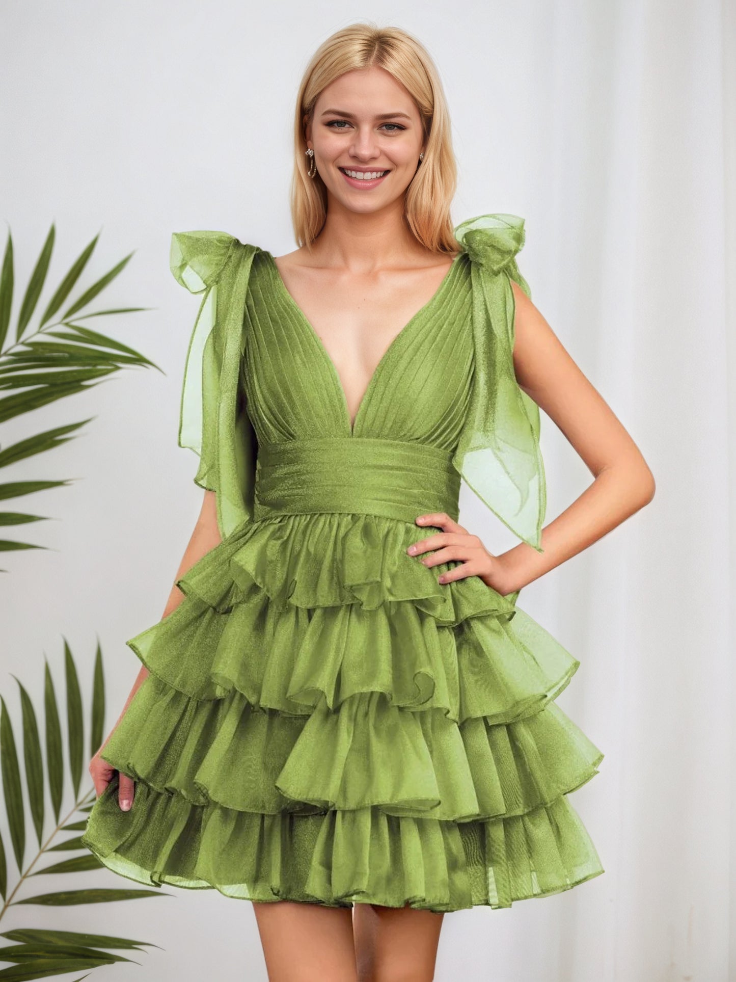 Robe de soirée trapèze bleu roi tendance à volants et nœud