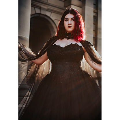 Sexy Sweetheart Neck Watteau Train Lace Appliques Tulle A Line Gothic Black Wedding Dress