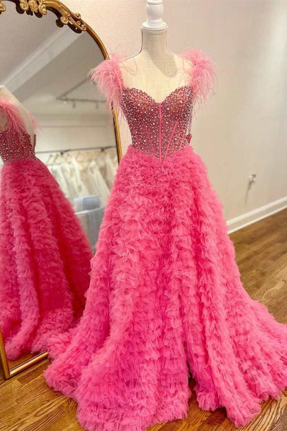 Roycebridal Astrid |A Line Off the Shoulder Tiered Tulle Prom Dress With Slit