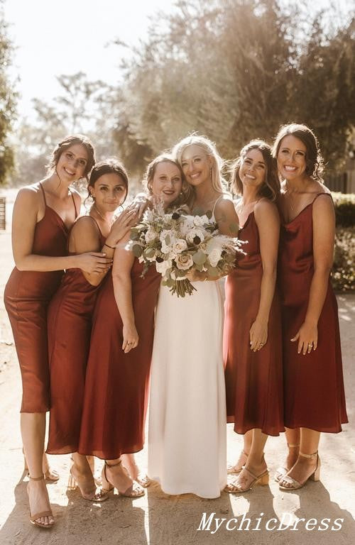 Hot Rust Simple Satin Bridesmaid Dresses Short Spaghetti Straps