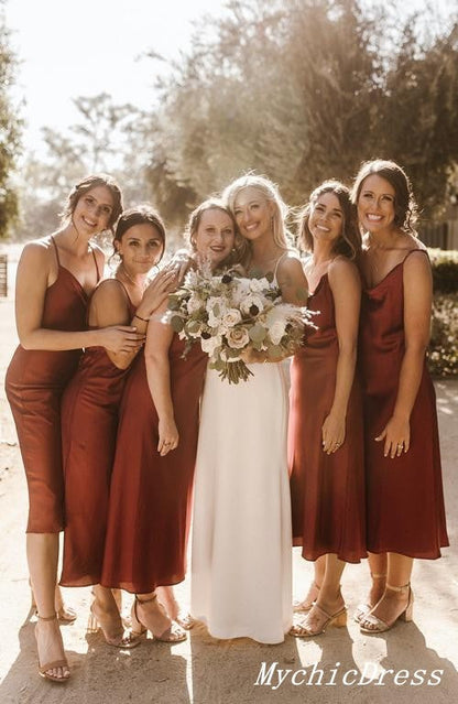 Hot Rust Simple Satin Bridesmaid Dresses Short Spaghetti Straps