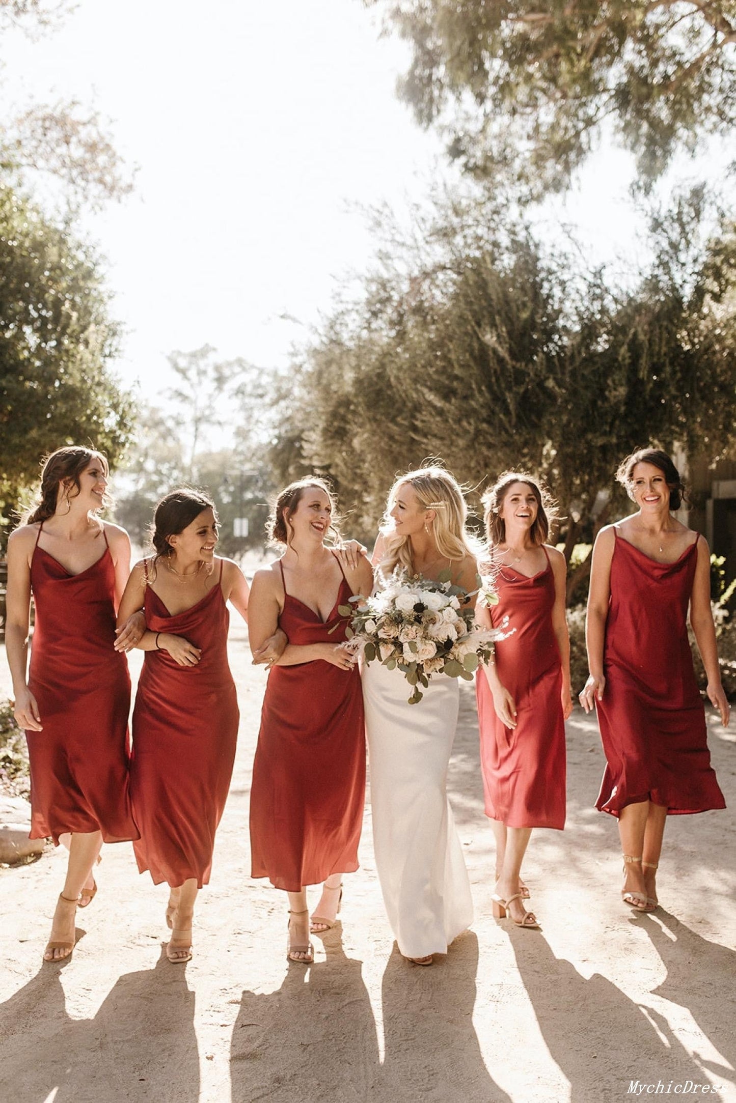 Hot Rust Simple Satin Bridesmaid Dresses Short Spaghetti Straps
