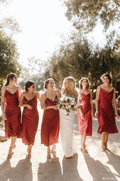 Hot Rust Simple Satin Bridesmaid Dresses Short Spaghetti Straps