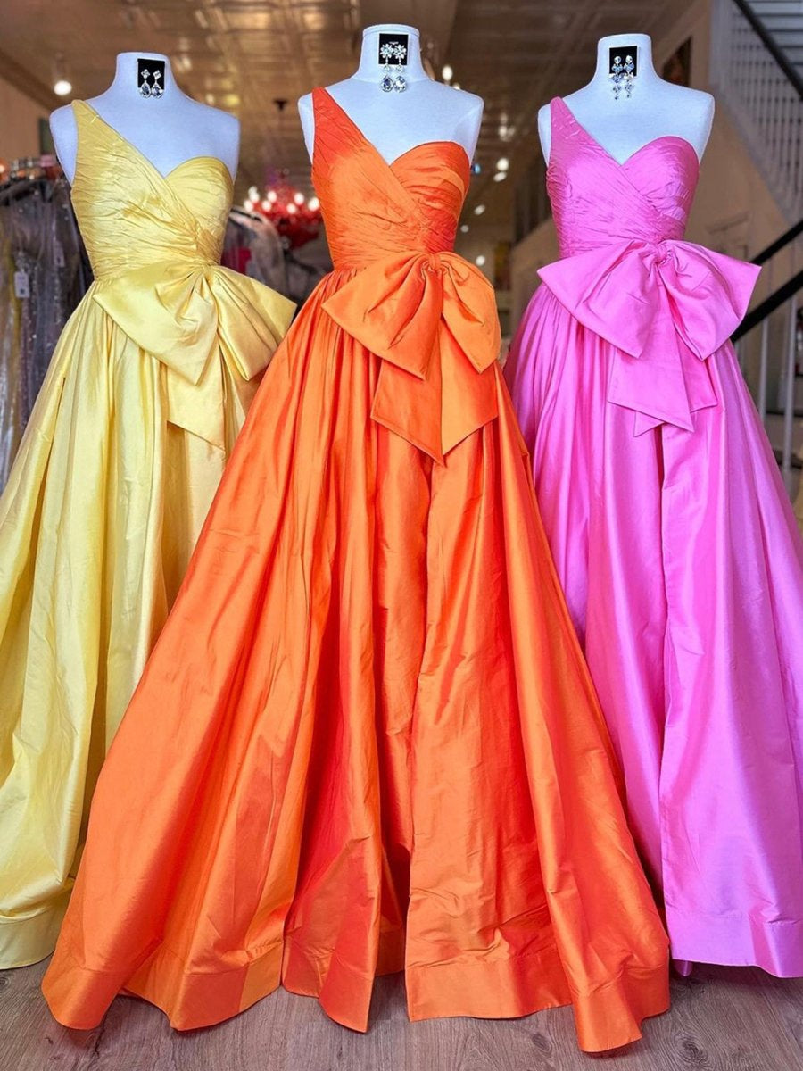 Orange One Shoulder Satin A Line Prom Dress With Bow