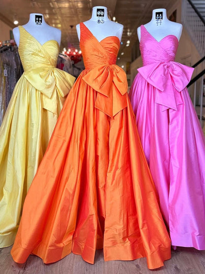 Orange One Shoulder Satin A Line Prom Dress With Bow