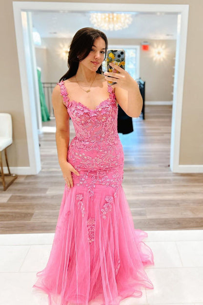 Roycebridal Suzanne | Pink Mermaid Off the Shoulder Tulle Long Prom Dress with Appliques
