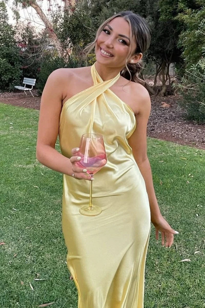Yellow Halter Sheath Satin Backless Long Mermaid Prom Dress