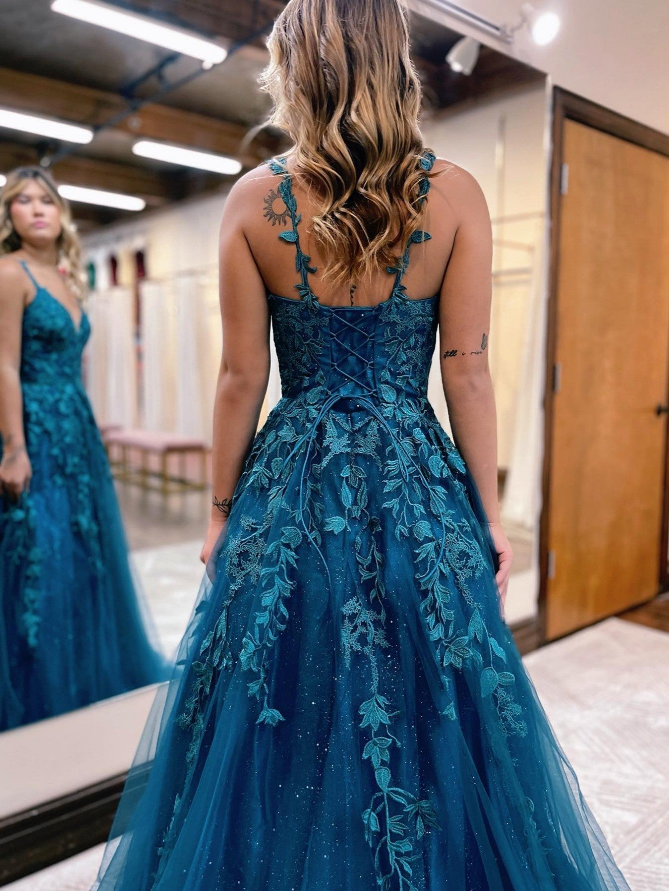 Roycebridal Veronica |A Line Ink Blue Glitter Tulle Lace Prom Dress