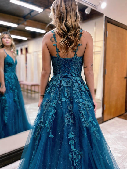 Roycebridal Veronica |A Line Ink Blue Glitter Tulle Lace Prom Dress