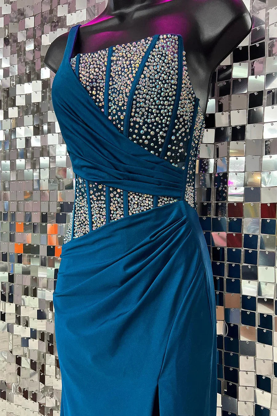 Roycebridal Laylani | Blue Mermaid One Shoulder Long Prom Dresses with Beaded