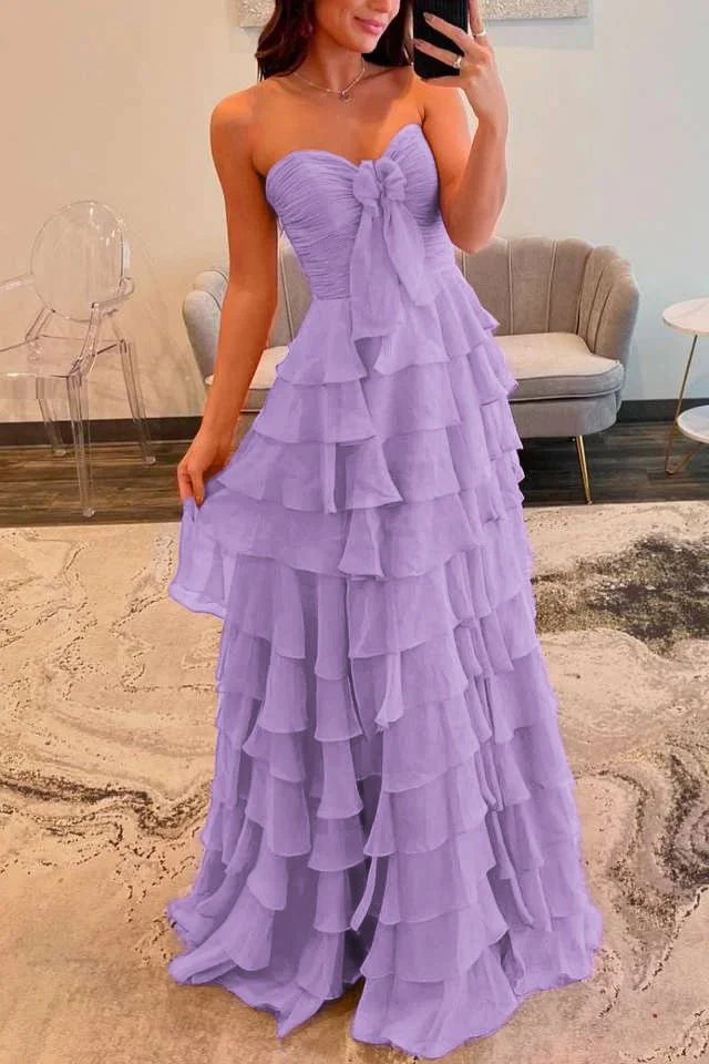 Slit Fuchsia Sweetheart Tiered Ruffles Chiffon A Line Prom Dress