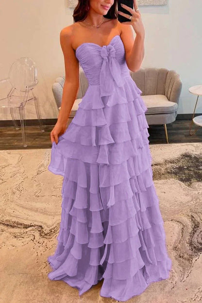 Slit Fuchsia Sweetheart Tiered Ruffles Chiffon A Line Prom Dress