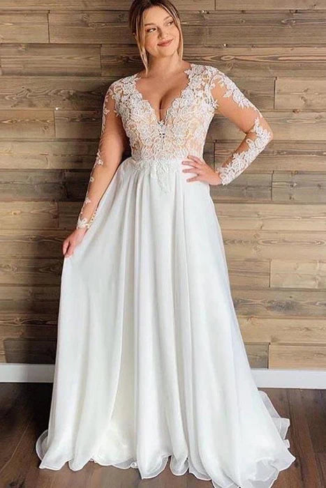 Ivory Floral Long Sleeve Lace Plus Size A-Line Wedding Dress Custom Made Customized