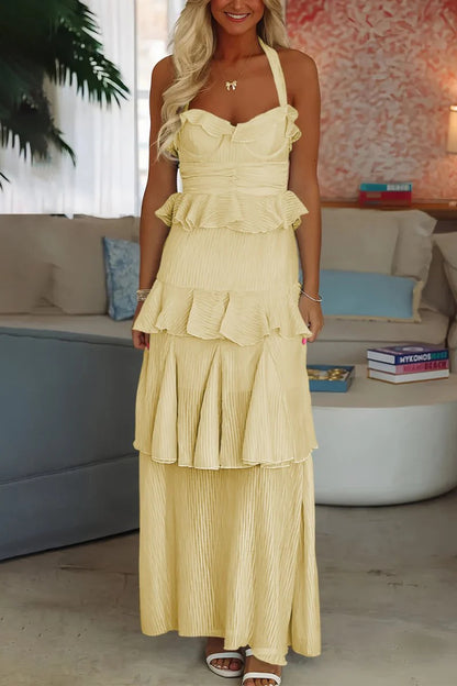 Sky Blue Halter Sheath Pleated Ruffles Chiffon Long Mermaid Prom Dress