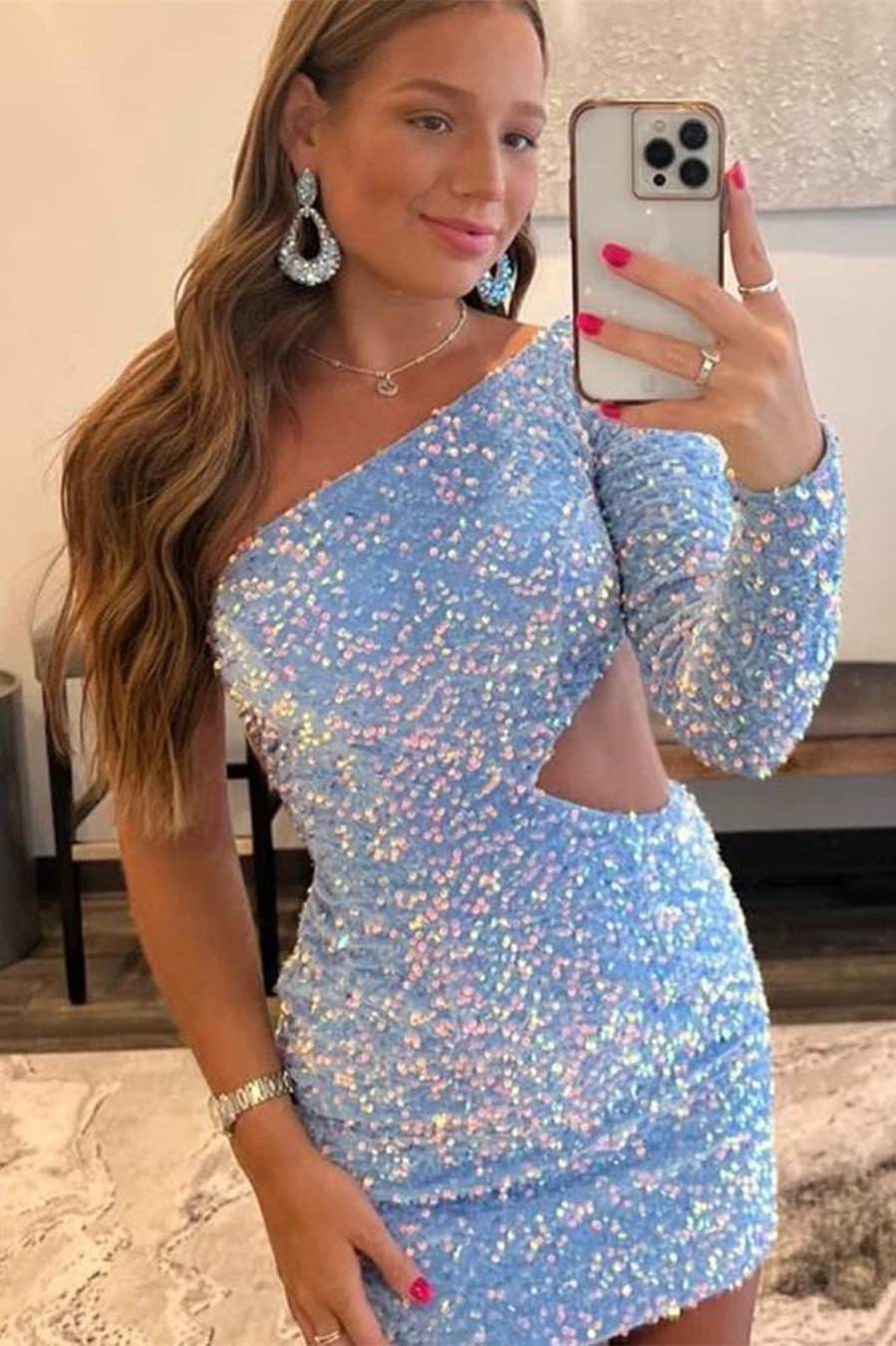 Kensley | Purple Sequin One-Sleeve Cutout Short Homecoming Dress