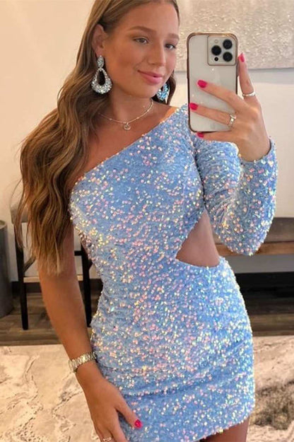 Kensley | Purple Sequin One-Sleeve Cutout Short Homecoming Dress
