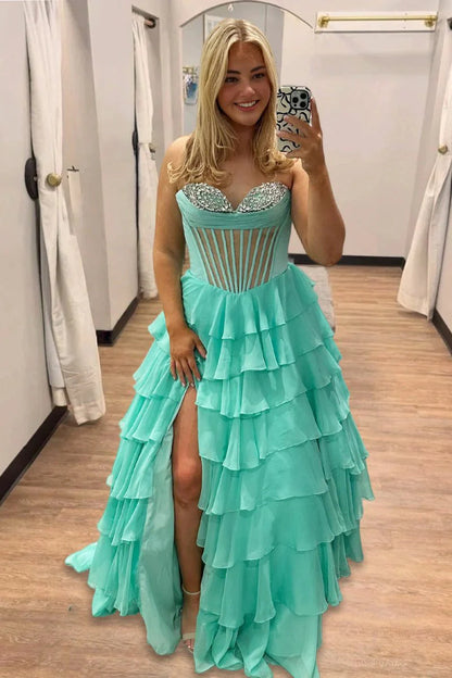 Sage Strapless Beading Chiffon Ruffled Formal A Line Prom Dress