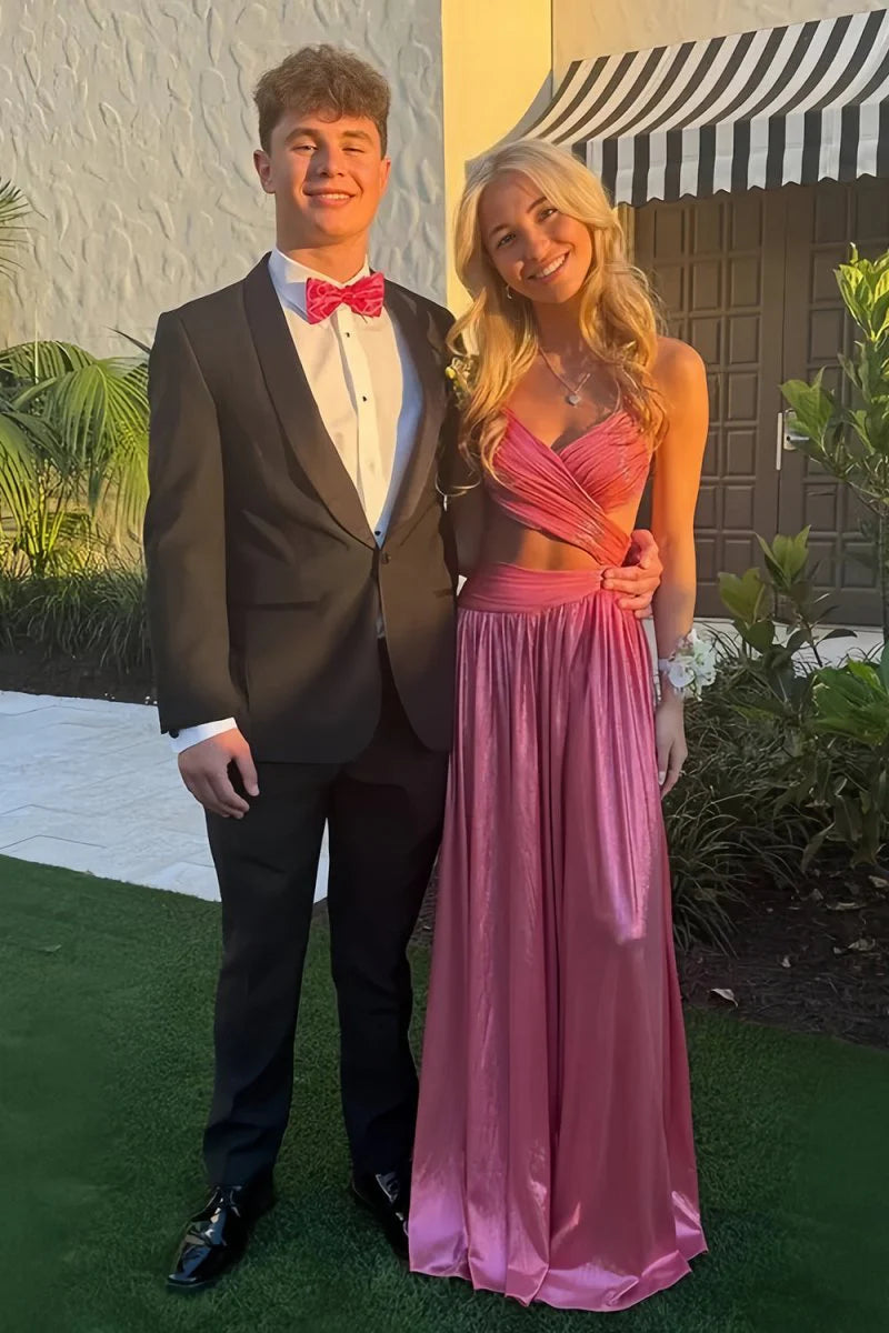 Hot Pink V Neck Metallic With Cut Out Satin Long A Line Prom Dress