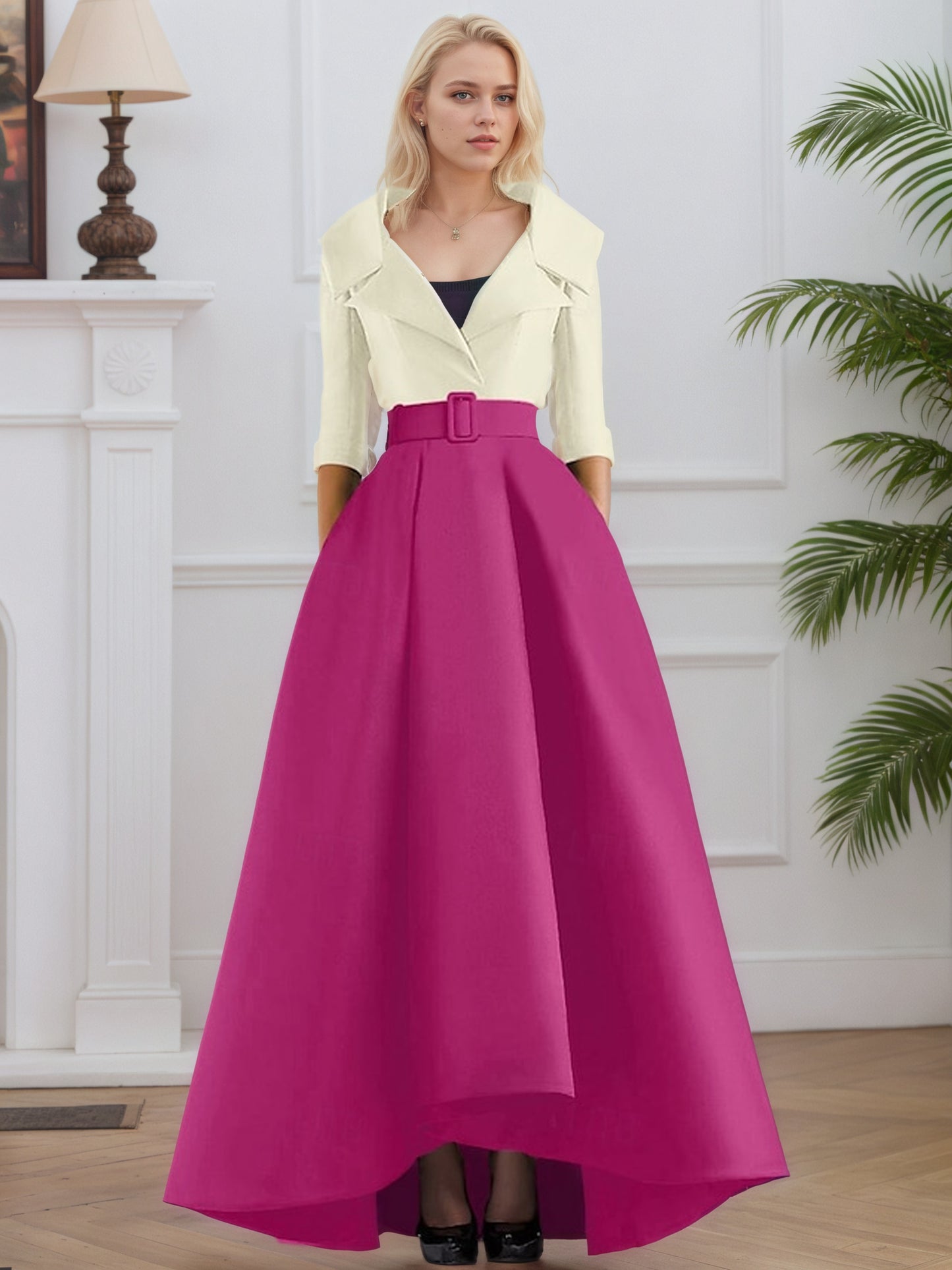 3/4 Length Sleeve Shirt Collar with Pocket Satin A Line  Formal Evening Dresses
