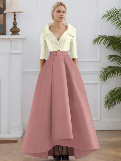3/4 Length Sleeve Shirt Collar with Pocket Satin A Line  Formal Evening Dresses