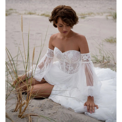 Boho Sweetheart Neck Long Puff Sleeve Lace Top A Line Wedding Dress