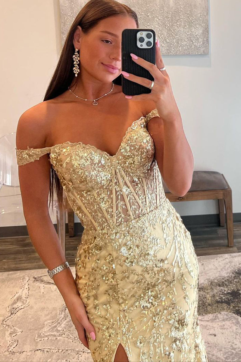Roycebridal Soleil | Gold Sequin Lace Off the Shoulder Mermaid Prom Dress