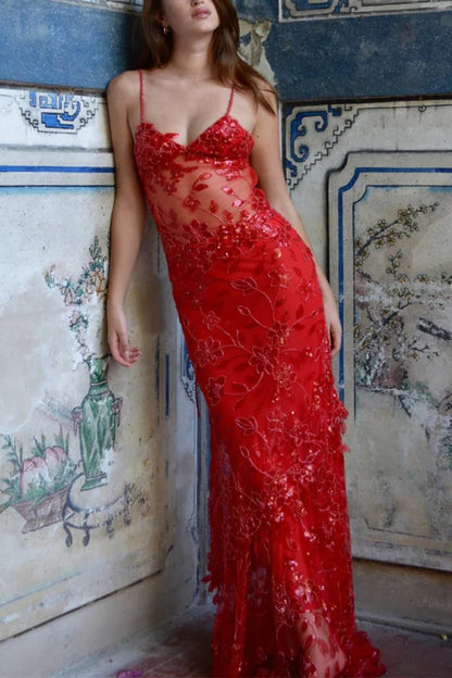 Red Spaghetti Straps Sequined Lace Long Formal Mermaid Prom Dress