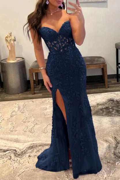 Slit Strapless Corset Lace Mermaid Prom Dress