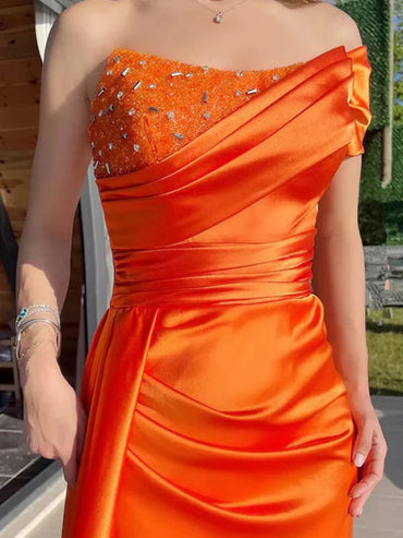 Orange Pleated Satin Empire-Waist Long Mermaid Prom Dress