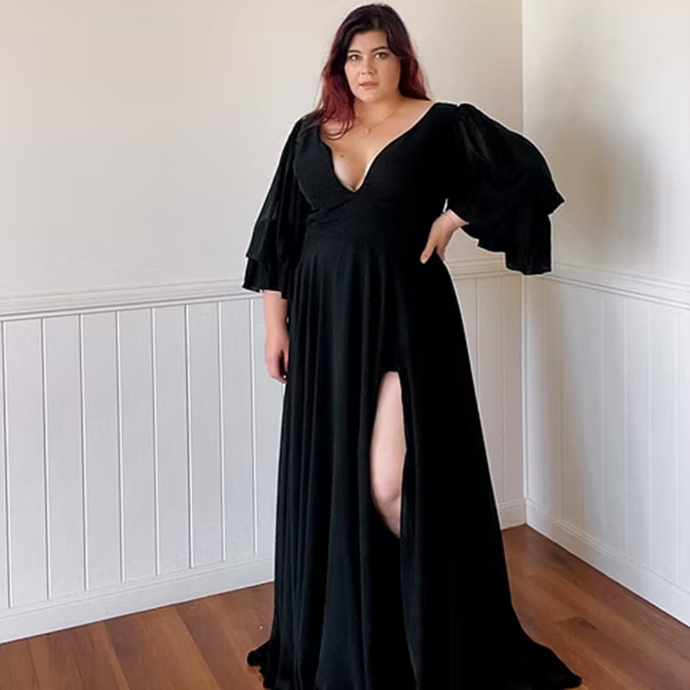 Sexy Split V Neck Flare Sleeve Chiffon A Line Gothic Black Wedding Dress