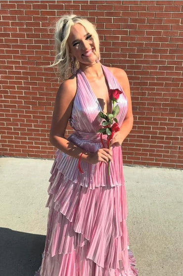 Purple Slit Metallic Tiered V Neck Sleeveless A Line Prom Dress