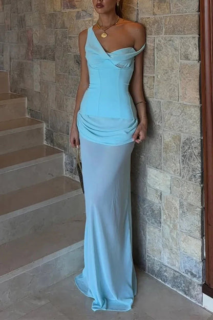 Sky Blue One Shoulder Sheath Chiffon Pleated Long Formal Mermaid Prom Dress